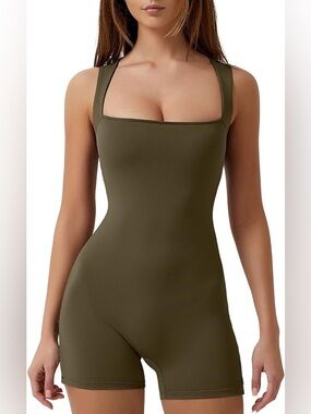 QINSEN Strappy Square Neck Tummy Control Bodycon Athletic Romper in Army Green